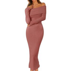 Merokeety Women's Brick Off Shoulder Long Sleeve Elegant Bodycon Midi Dress